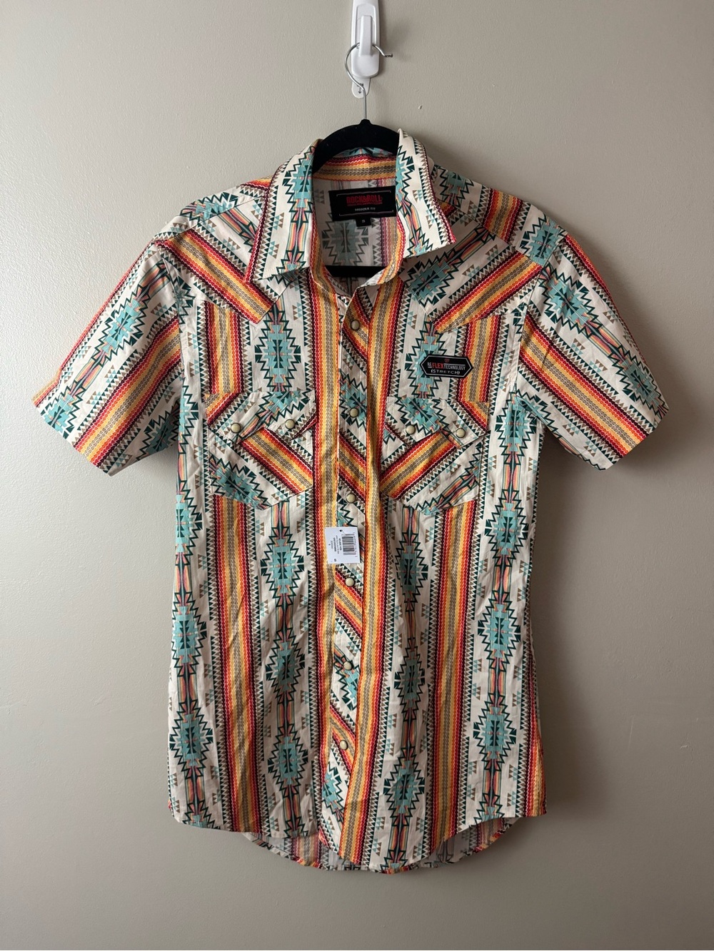 Men’s Rock & Roll Denim Short-Sleeve Aztec Western Shirt NWT Small